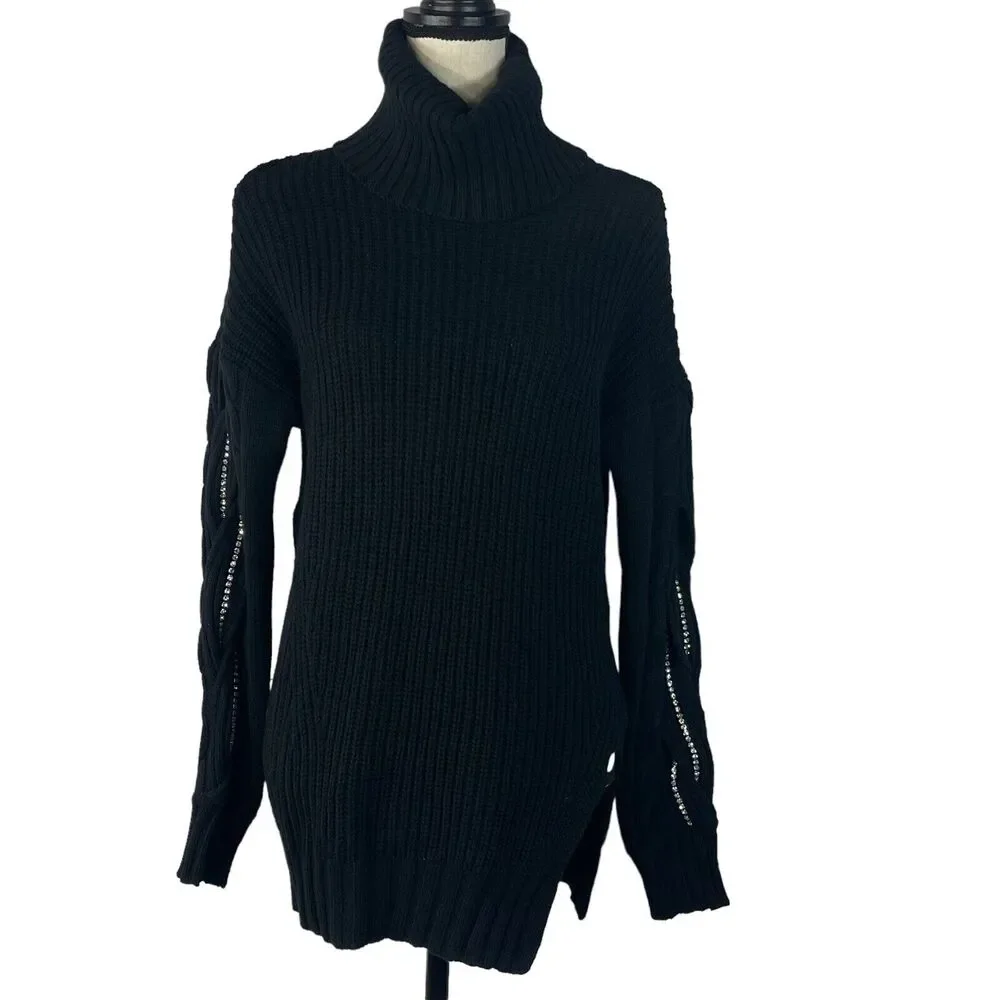 INC International Concepts Small Sweater Cowl Neck Rhinestones Long Sleeve Black - Picture 1 of 9